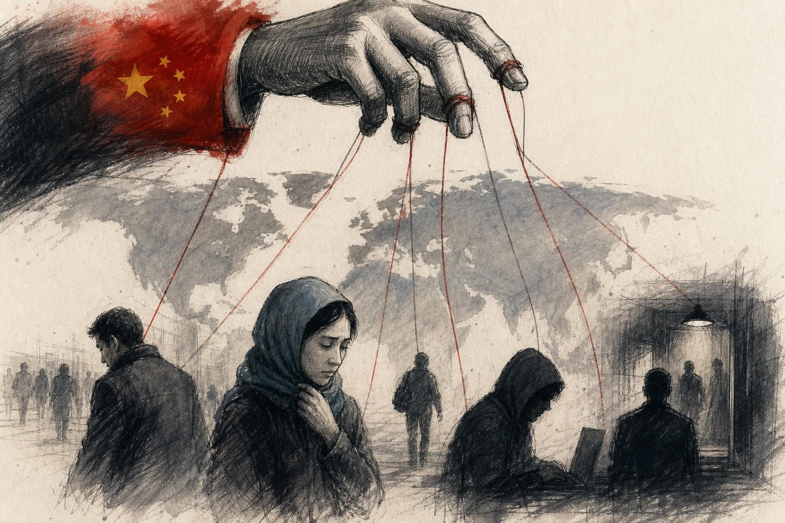 Editorial illustration for China’s Repression Is Crossing Borders, But Not as One Story