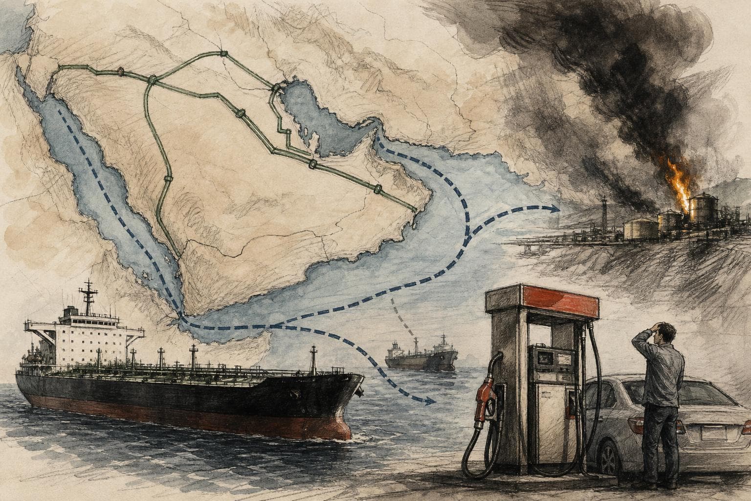 Editorial illustration for Oil’s Gulf Bypasses Work, Until the War Follows Them