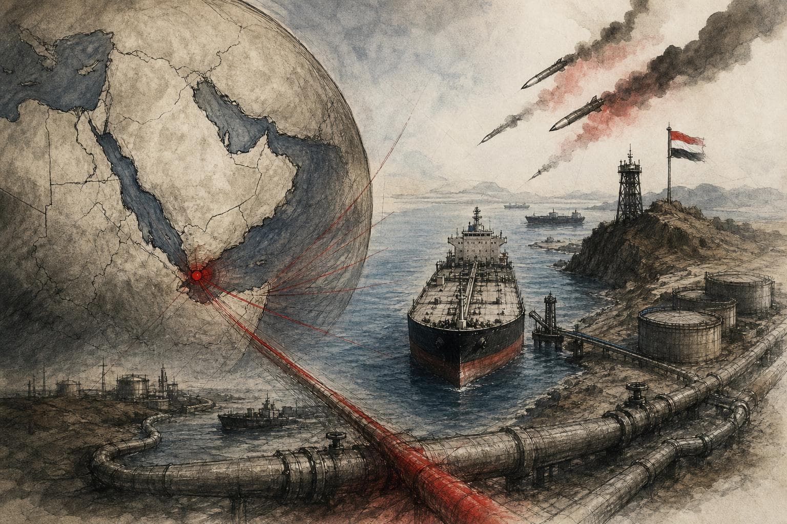 Editorial illustration for The $100 Barrel Now Hangs on One Red Sea Port and Its Patriots