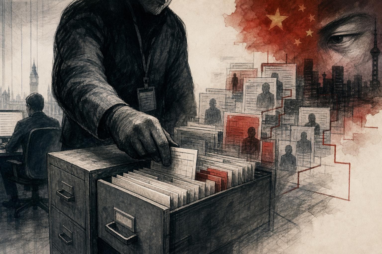 Editorial illustration for The Spy Case Hidden in the Immigration Database