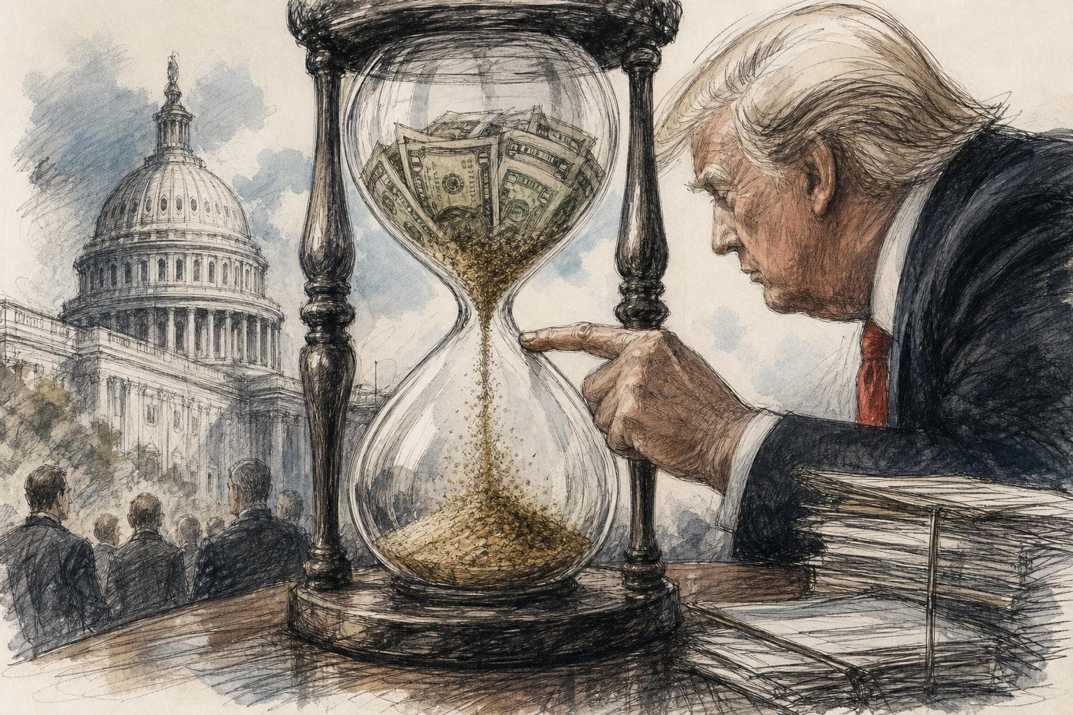 Editorial illustration for Trump’s $810 Million Cancellation Bid Turns on the Spending Clock