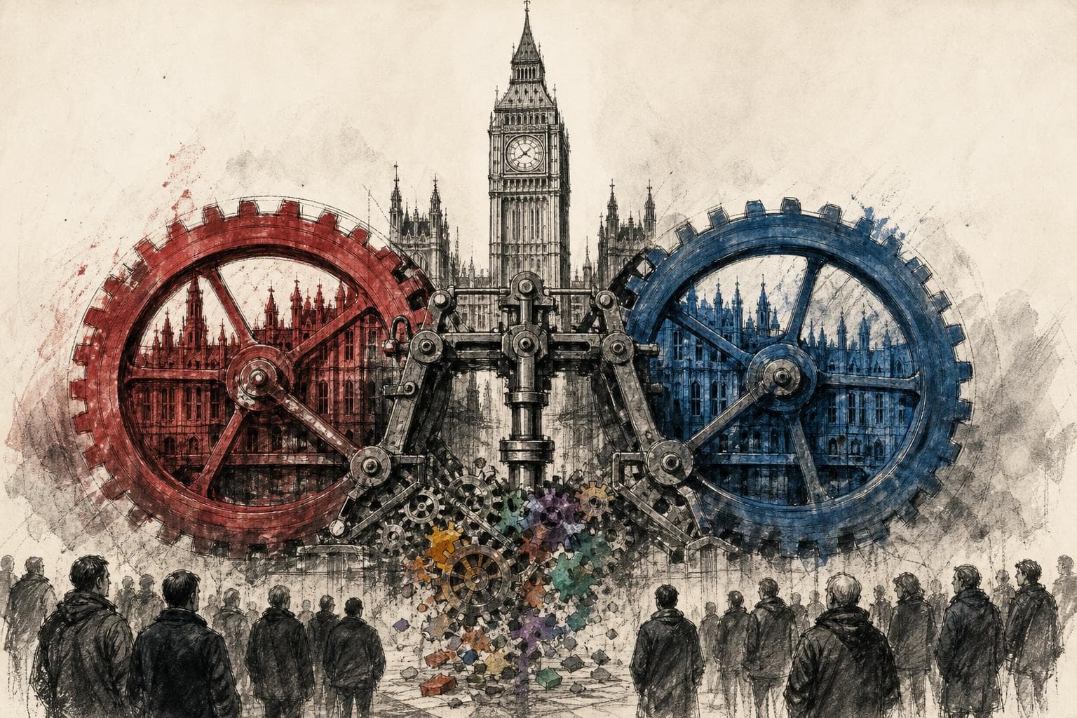 Editorial illustration for Britain’s Two-Party System Is Surviving on Borrowed Machinery