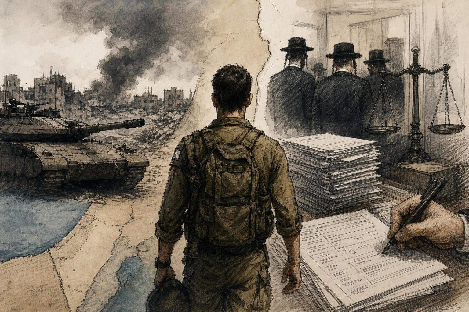 Editorial illustration for Israel’s Next Front Is the Draft Office, Not Gaza City