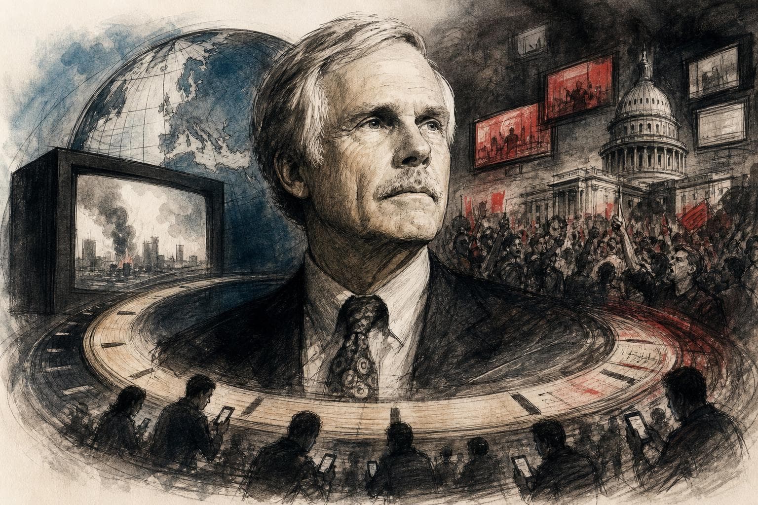 Editorial illustration for Ted Turner Invented the Clock Politics Still Lives On