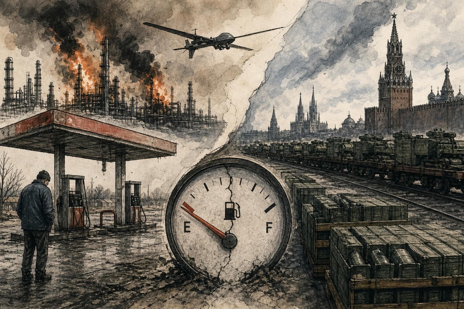 Editorial illustration for Scoring Ukraine's Refinery War: Empty Pumps, Unmoved Kremlin
