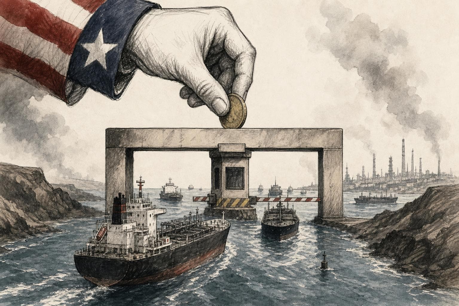 Editorial illustration for Trump's Hormuz Toll Is the Same Scheme His Own Treasury Called Extortion