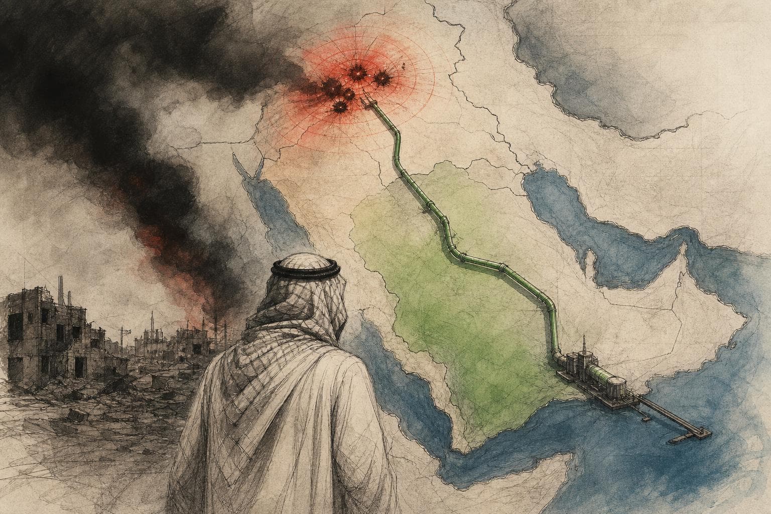 Editorial illustration for Saudi Arabia Joined the War Because Its Map Shrank to One Pipeline
