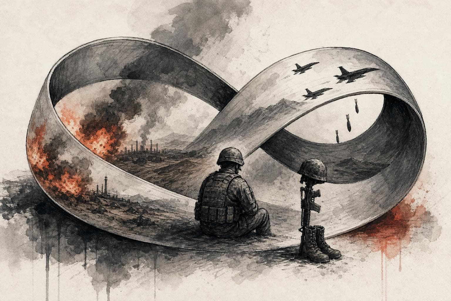 Editorial illustration for The War With Iran Keeps Ending. The Bombing Never Does.