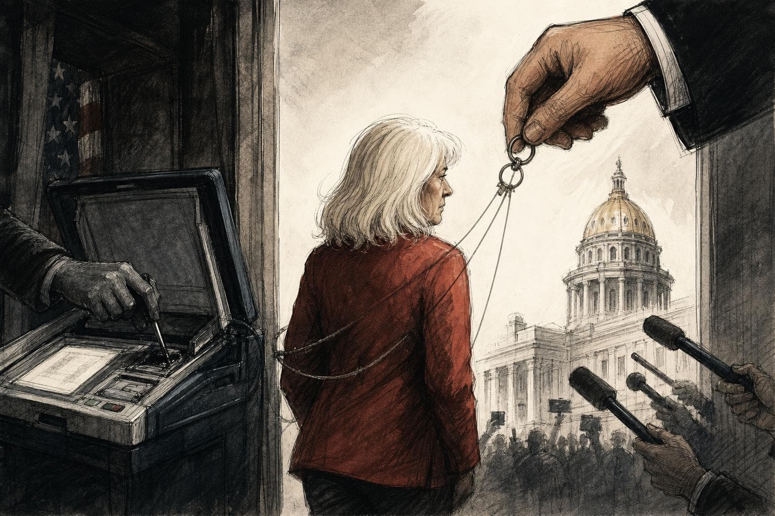 Editorial illustration for Tina Peters’s Commutation Makes Election Tampering Look Negotiable