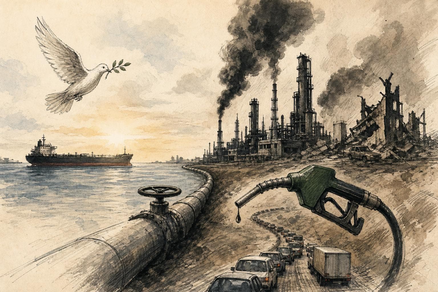 Editorial illustration for An Iran Ceasefire Could Cut Fuel Prices Without Restoring Normality