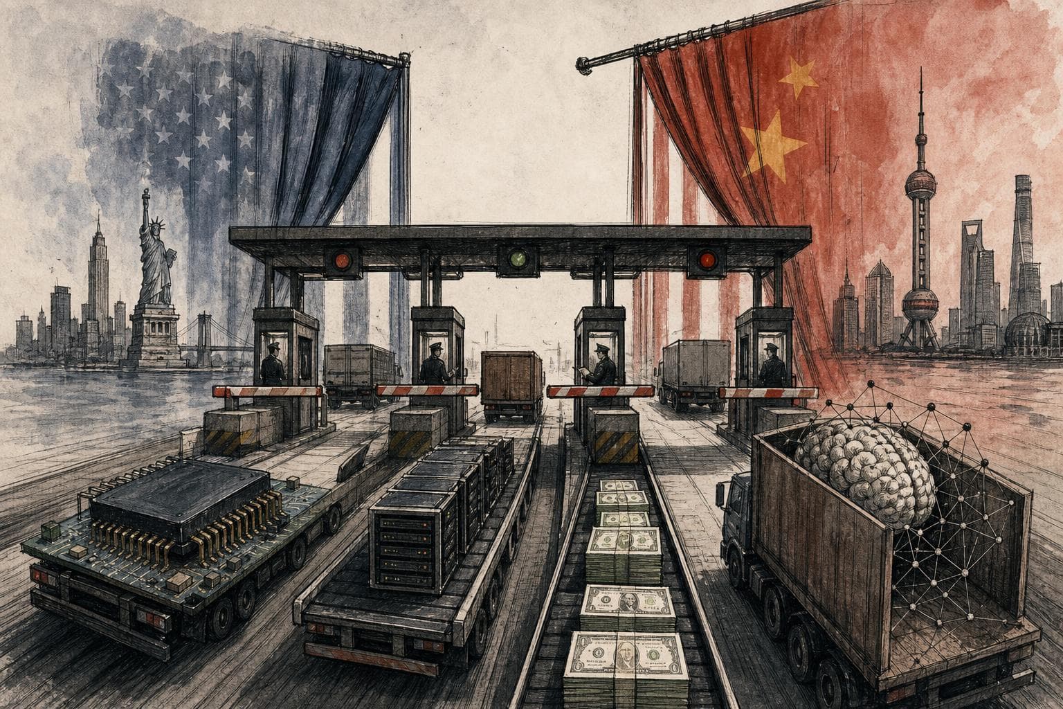 Editorial illustration for The AI Iron Curtain Is Full of Tollbooths